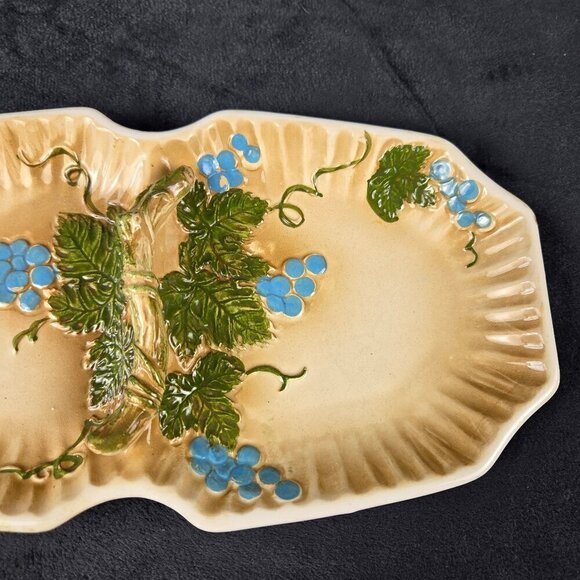 Vintage Majolica Grapevine 2 Section Candy Dish/Olive Dish Painted & Glazed - Picture 10 of 13
